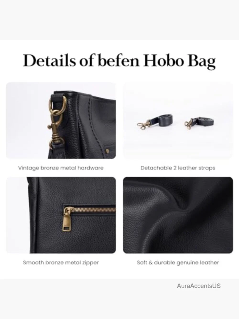 Genuine Leather Hobo Crossbody Bag with 2 Straps